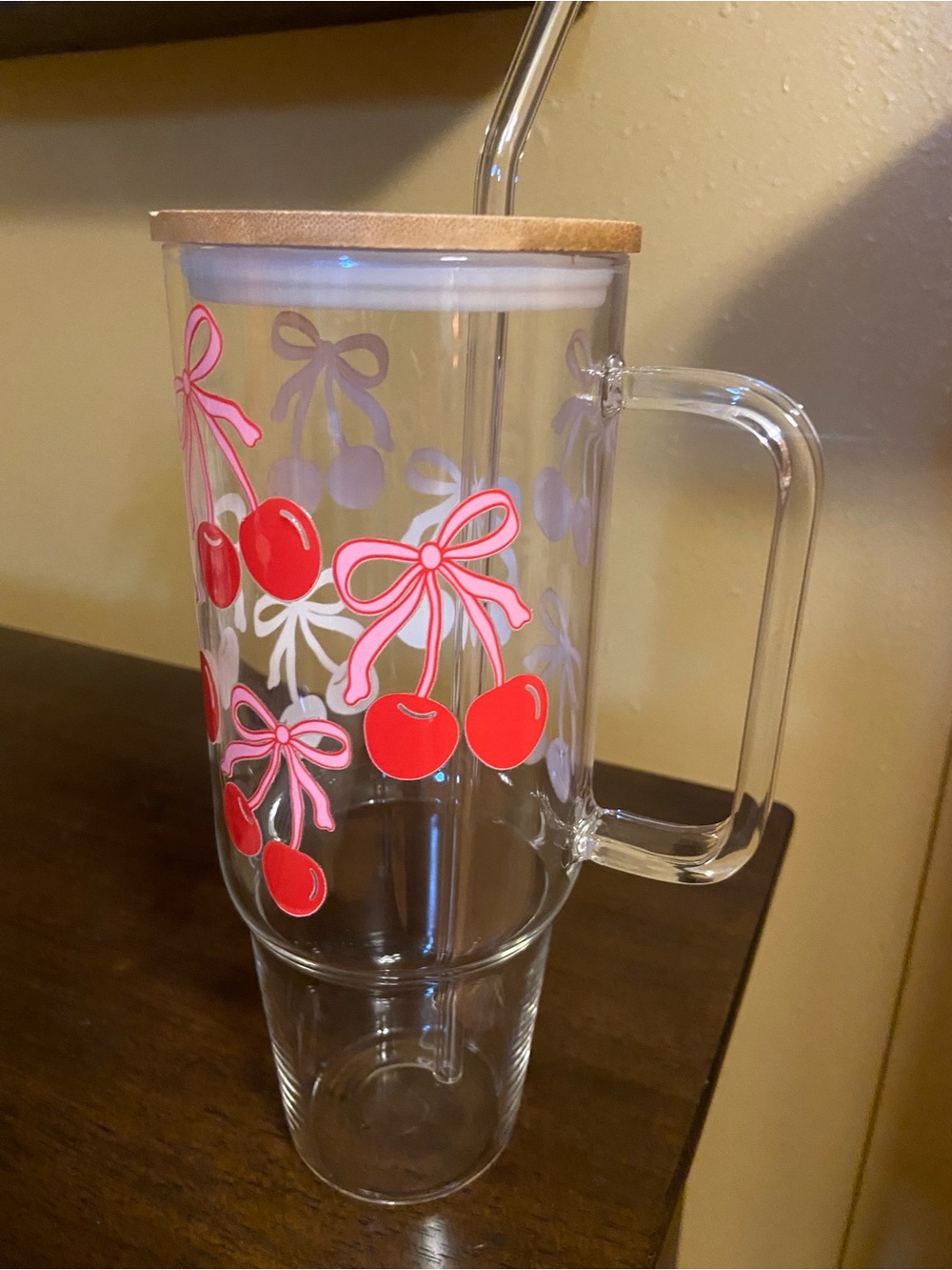 Clear Cherry Print Tumbler with Handle and Cork Lid